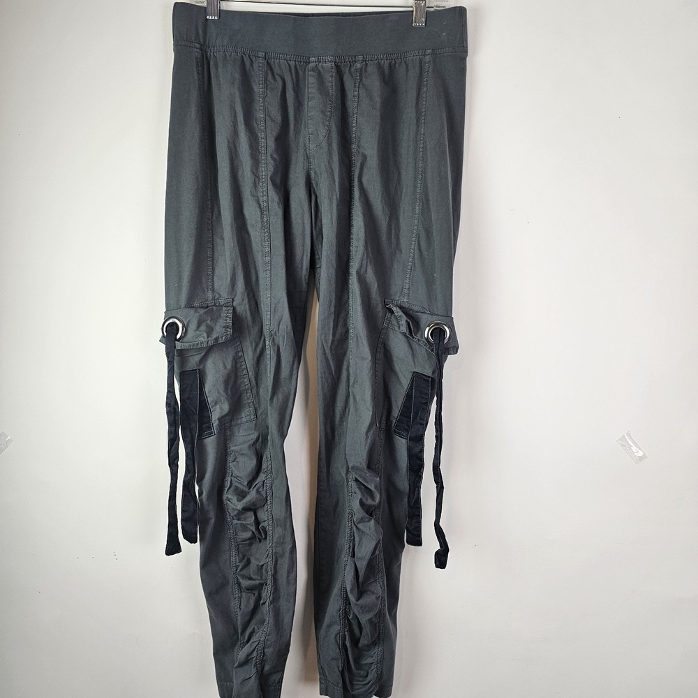 XCVI Womens Gray Cargo Utility Pants L Grommet Long Ties Ruched Stretch 22157